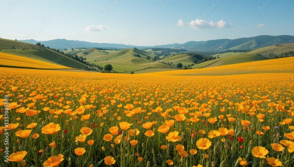 Vibrant Yellow Flower Field Under Clear Blue Sky in Scenic Landscape Vibrant Yellow Flower Field Under Clear Blue Sky in Scenic Landscape