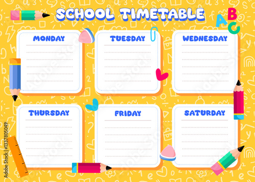 timetable school , planner , note paper, weekly schedule, organiser, with yellow seamless pattern background, template, vector