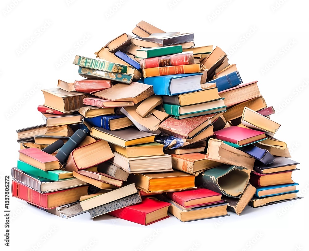 Pile of books on a white background, focus stacking technique used, colorful books with covers in different colors and sizes