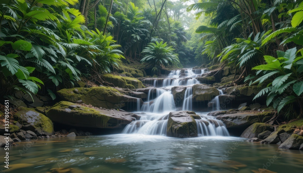 Serene Cascading Waterfalls in Lush Tropical Rainforest Setting Serene Cascading Waterfalls in Lush Tropical Rainforest Setting