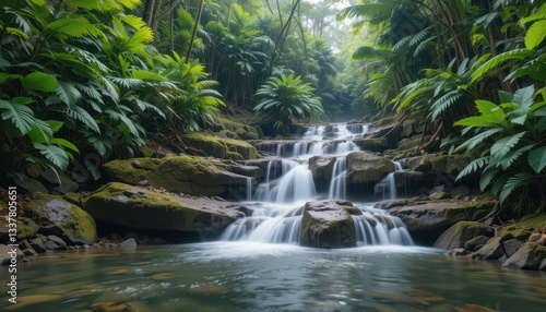Serene Cascading Waterfalls in Lush Tropical Rainforest Setting