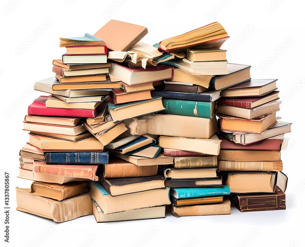 Pile of books on a white background, focus stacking technique used, colorful books with covers in different colors and sizes