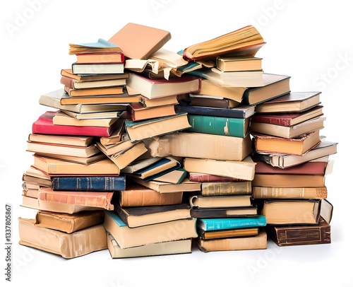 Pile of books on a white background, focus stacking technique used, colorful books with covers in different colors and sizes