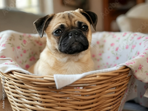 Puppy Peeking from a Basket Indoors on Burlap in the Studio