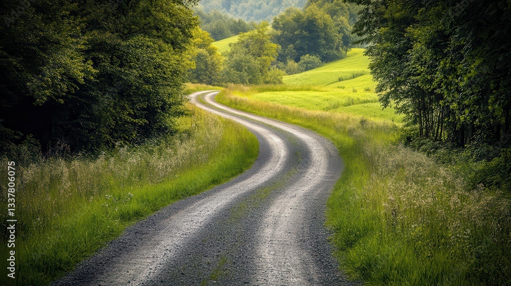 Fototapeta premium Winding country road, green hills, summer