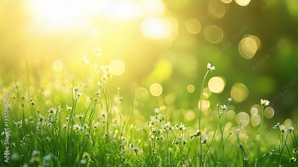 Fototapeta premium Dreamy Spring Meadow Bathed in Golden Sunlight