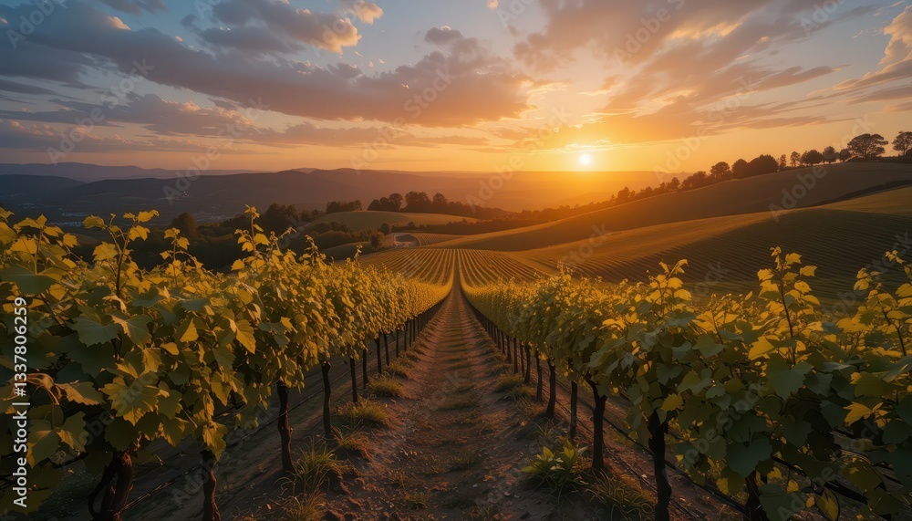 Naklejka premium Scenic Sunset Over Lush Vineyard Rows in Beautiful Landscape