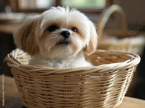 Puppy Peeking from a Basket Indoors on Burlap in the Studio