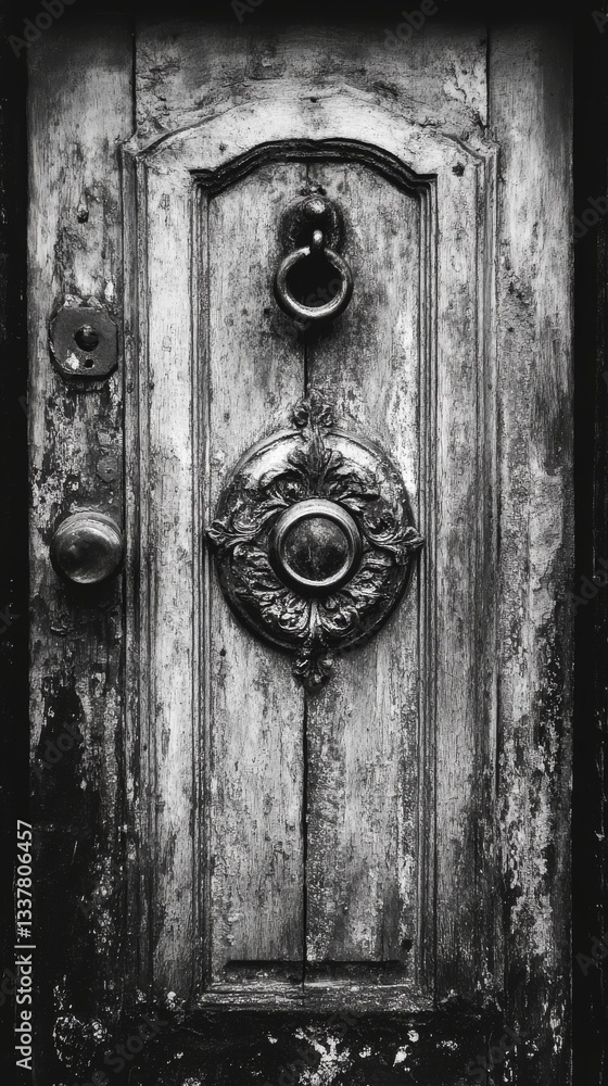 Fototapeta premium Old, weathered door with intricate knocker and keyhole, set against a rustic backdrop
