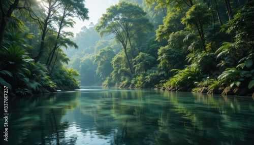 Serene Tropical Landscape with Lush Green Trees and Calm Water