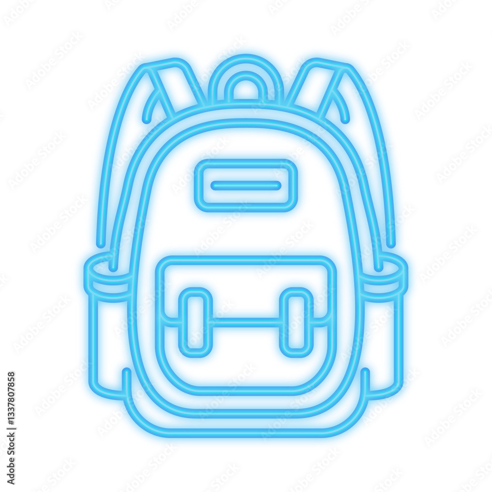 A bright blue neon illustration of a backpack, symbolizing school, education, travel, adventure, and student life A bright blue neon illustration of a backpack, symbolizing school, education, travel, adventure, and student life