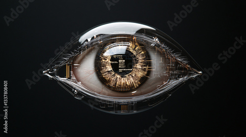 futuristic bionic eye with intricate digital circuitry and AI driven emotion recognition, set against dark background, symbolizes advanced technology and innovation