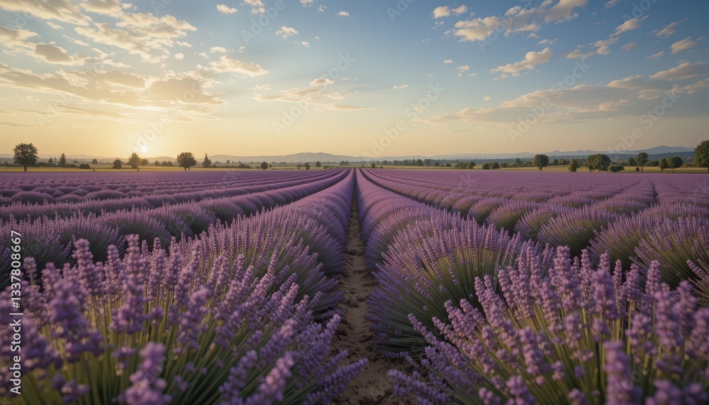 Serene Lavender Field Under Expansive Sky at Sunset Horizon Serene Lavender Field Under Expansive Sky at Sunset Horizon