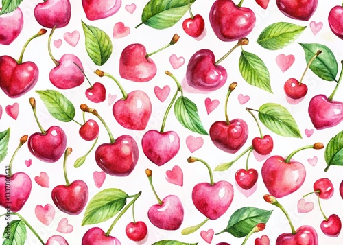 Romantic Watercolor Cherry & Heart Valentine's Day Pattern - Macro Photography