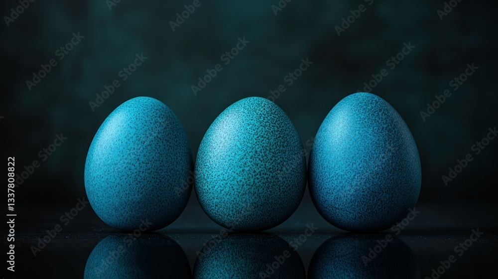 Three textured blue eggs stand in a row against a dark, mottled background Three textured blue eggs stand in a row against a dark, mottled background