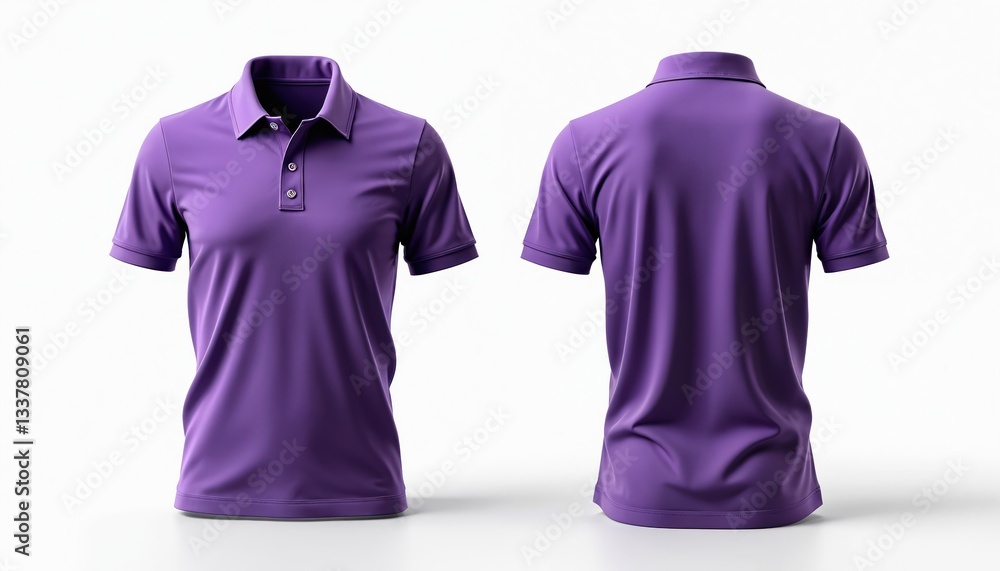Front and back view of purple polo shirt mockup on white background. Unisex casual garment for sport activity, short sleeve apparel design template with buttons. Simple design for men and women. Front and back view of purple polo shirt mockup on white background. Unisex casual garment for sport activity, short sleeve apparel design template with buttons. Simple design for men and women.
