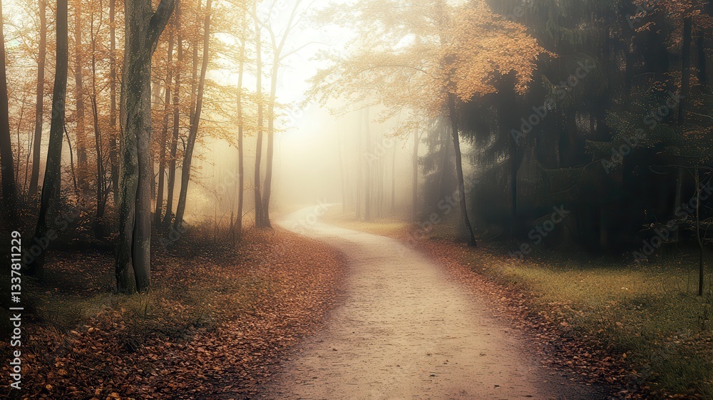 Fototapeta premium Autumn path winding through misty forest