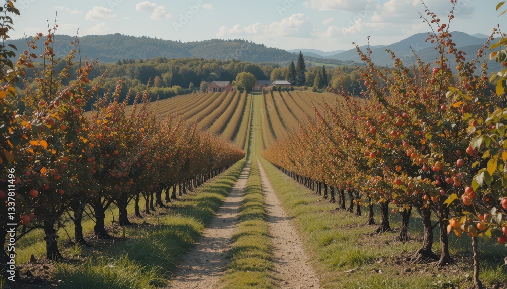 Naklejka premium Scenic Orchard Landscape with Rows of Apple Trees in Autumn