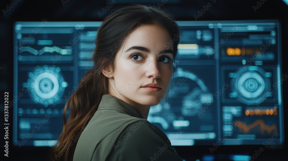 Tech specialist analyzing data in high-tech control room environment Tech specialist analyzing data in high-tech control room environment