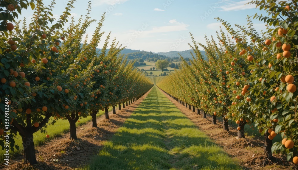Obraz premium Lush Fruit Orchard Pathway Surrounded by Vibrant Trees and Greens