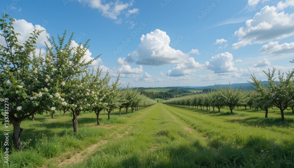 Lush Apple Orchard Under Blue Sky with Fluffy Clouds in Summer Lush Apple Orchard Under Blue Sky with Fluffy Clouds in Summer