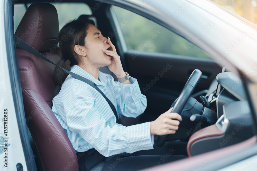 woman feeling sleepy and yawn during drive car long time. Asian girl tired and fatigue having headache after driving car in traffic jam. Sleep, stretching and safety concept woman feeling sleepy and yawn during drive car long time. Asian girl tired and fatigue having headache after driving car in traffic jam. Sleep, stretching and safety concept
