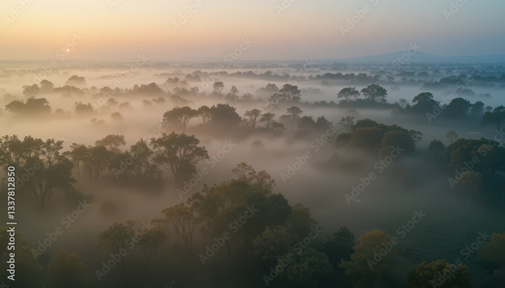 Ethereal Morning Mist Over Lush Green Trees and Landscape at Dawn Ethereal Morning Mist Over Lush Green Trees and Landscape at Dawn