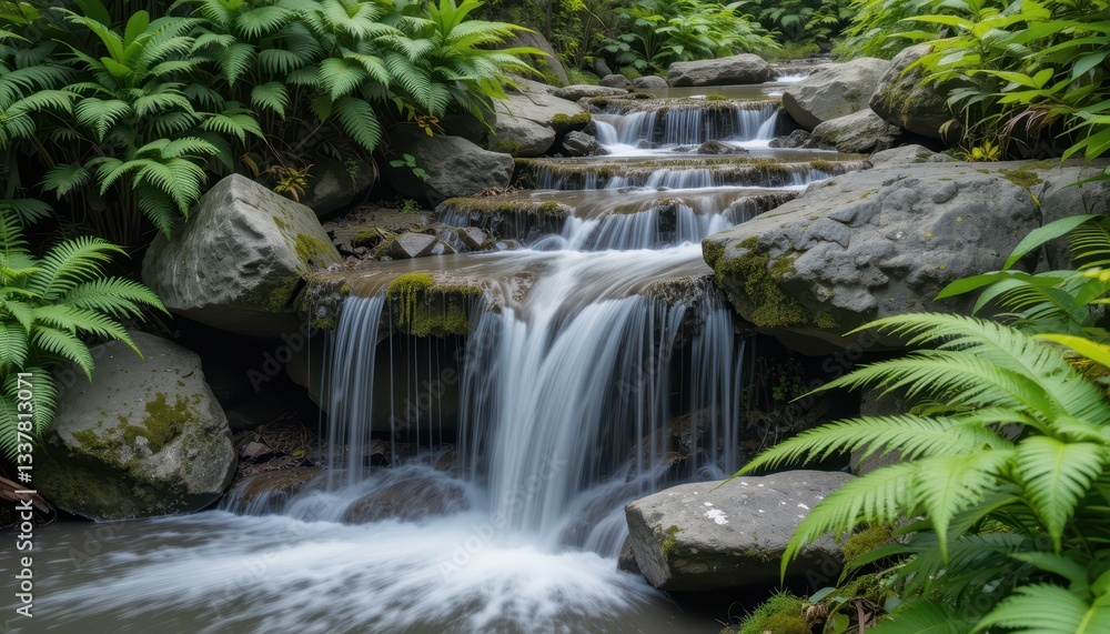 Serene Waterfall Flowing Over Rocks Amidst Lush Greenery Serene Waterfall Flowing Over Rocks Amidst Lush Greenery