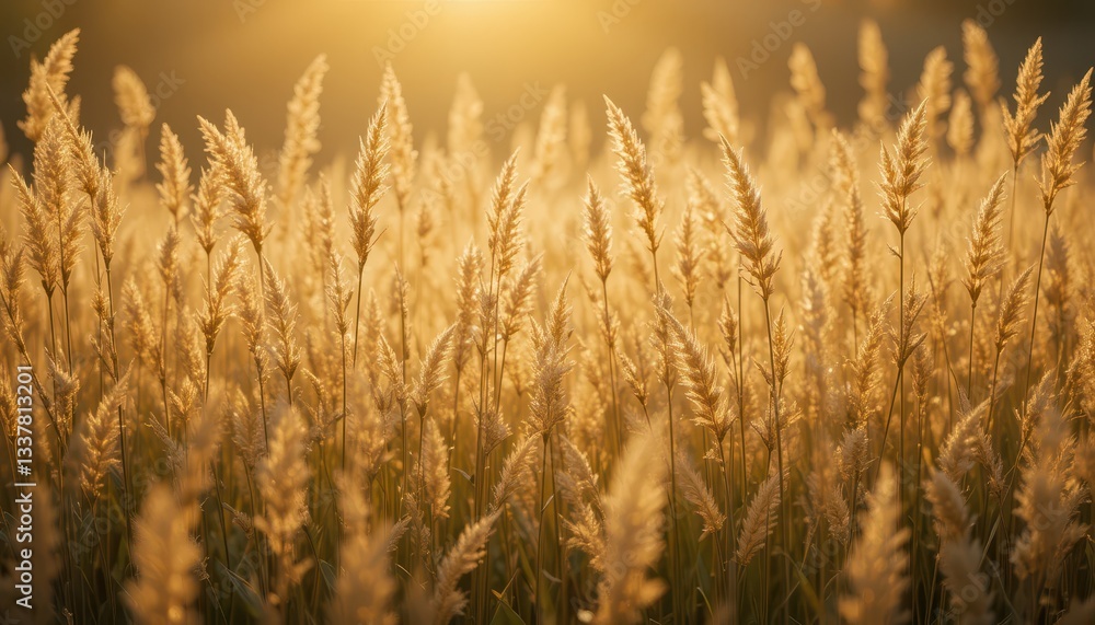 Golden Sunset Over Tranquil Field of Wheat and Grass Blades Golden Sunset Over Tranquil Field of Wheat and Grass Blades