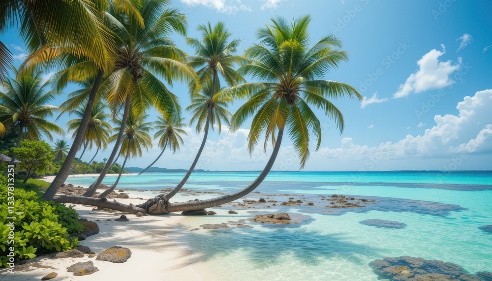Fototapeta premium Tranquil Tropical Beach with Palm Trees and Clear Blue Water