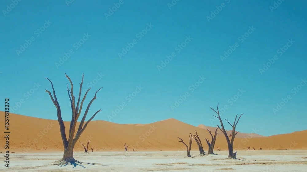 Vast desert landscape with ancient, skeletal trees and ochre dunes Vast desert landscape with ancient, skeletal trees and ochre dunes