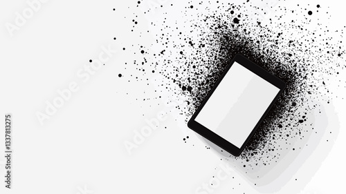 High-angle, close-up view of a blank rectangular tablet or e-reader lying on a white surface.  The tablet is surrounded by a scattering of small, irregular black shapes, resembling splatters or