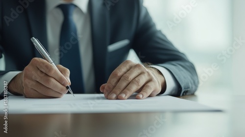 A well-dressed individual is writing on a document, demonstrating professionalism and focus in a business environment.