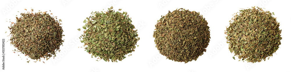 Closeup view of colorful piles of different dried and ground herbs seasonings and spices on a white background Closeup view of colorful piles of different dried and ground herbs seasonings and spices on a white background