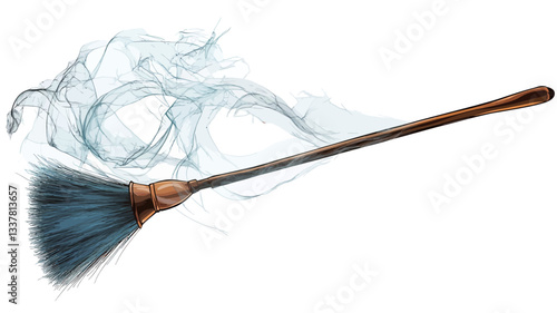 A digital illustration depicting a broom with a long wooden handle and a blue, brush-like head.  A translucent, light blue wispy smoke trail emanates from behind the broom, suggesting movement and