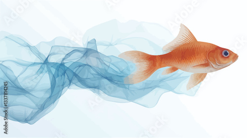 Close-up studio shot of a single goldfish swimming amidst a flowing piece of translucent light blue fabric against a bright white background. The image has a surreal and artistic quality due to the