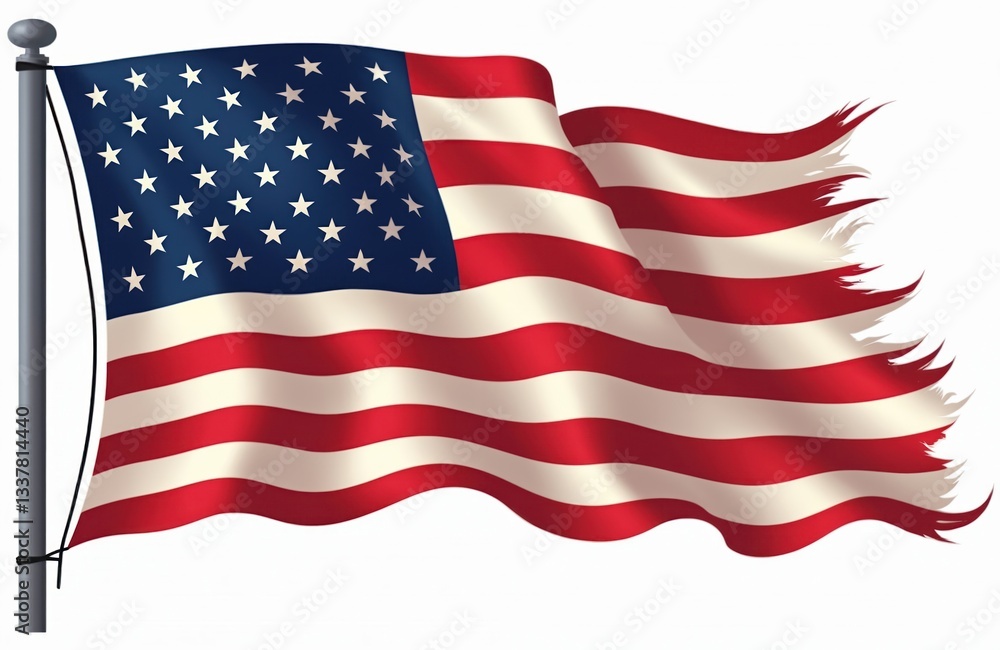 Obraz premium Waving rippled US flag on flagpole with transparent cut out background. American patriotic symbol with red stripes and stars graphic element for Independence Day. National identity sign.