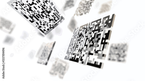 The image depicts numerous black and white QR codes of varying sizes and levels of focus, appearing to float and scatter against a white background.  The codes are partially blurred, suggesting