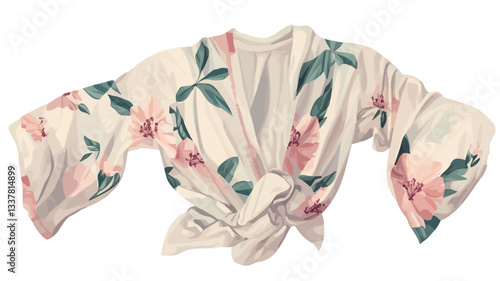 Close-up studio shot of a painted illustration depicting a cream-colored kimono-style robe with a tied front. The robe features a scattered pattern of pink flowers and green leaves. The style is