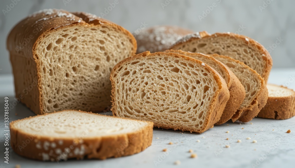 Freshly Sliced Artisan Bread Loaf on Marble Countertop Display Freshly Sliced Artisan Bread Loaf on Marble Countertop Display