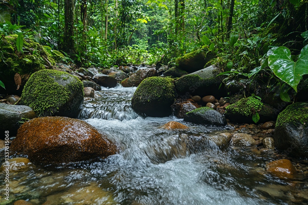 Obraz premium A flowing stream meanders through a lush green forest environment