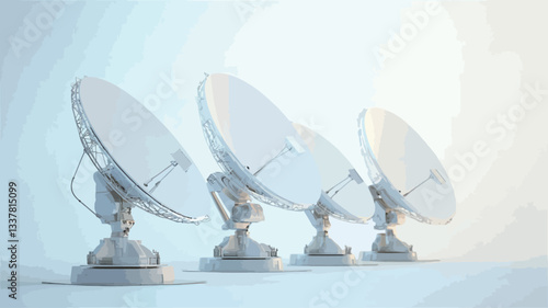 The image shows three identical white satellite dishes arranged in a row against a light blue gradient background. The dishes are positioned slightly angled to the viewer and are rendered with a