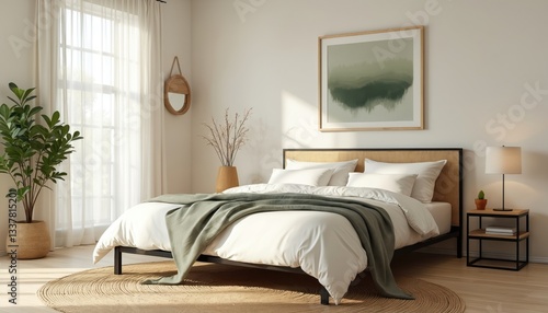 Wide angle of modern cozy bedroom showcasing minimalist design. Large bed has white linens, greenish beige throw blanket. Room filled with warm sunlight, wooden bedside table, lamp and wall art.
