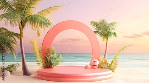 Summer Beach Paradise: Minimalist Pink Stage on Tropical Shore