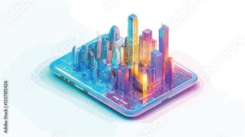 Isometric illustration of a miniature cityscape rendered in vibrant, multicolored hues, situated on a smartphone displayed at an angle against a bright white background. The cityscape consists of