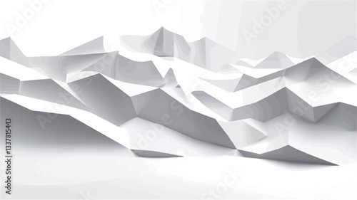 The image shows a close-up view of a textured surface resembling a landscape formed by creased or folded white paper.  The folds create peaks and valleys, suggesting a mountainous terrain. The