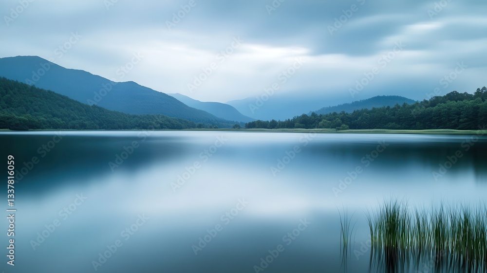Naklejka premium Calm lake, misty mountains, serene dawn