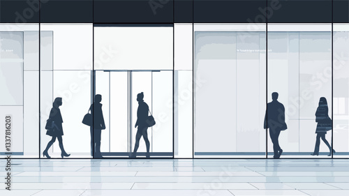The image shows several dark silhouettes of people walking towards and away from the glass entrance of a modern building.  The building's facade is predominantly glass, creating a bright,
