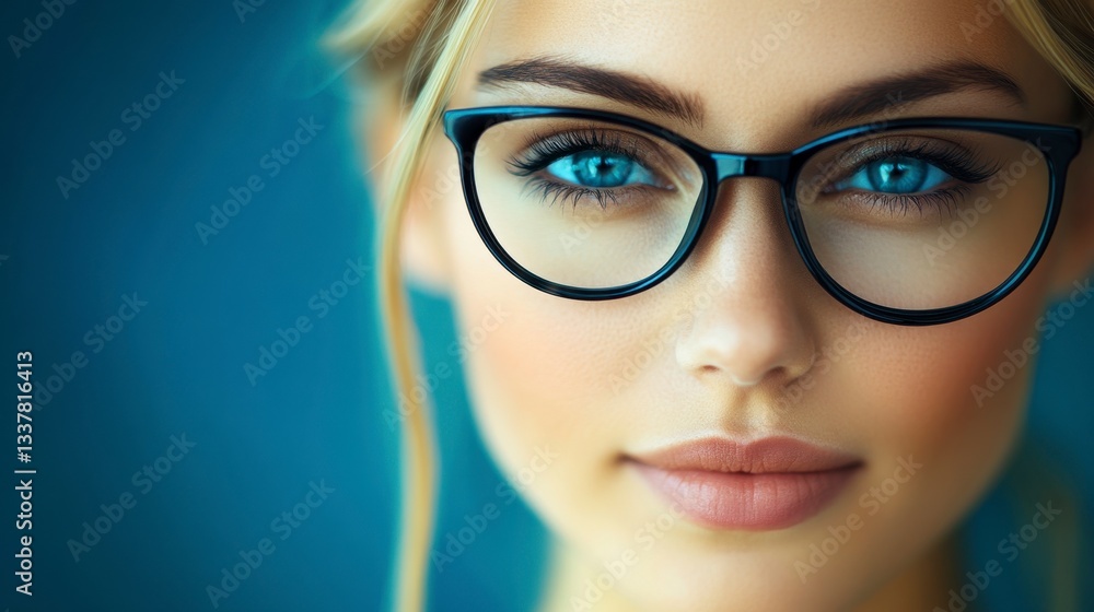 Fototapeta premium Close up portrait of a young woman with bright blue eyes wearing black framed glasses against a teal background. Soft lighting enhances her features.