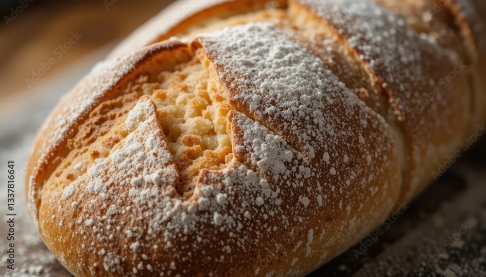 Freshly Baked Artisan Bread Loaf with Powdered Flour Dusting Freshly Baked Artisan Bread Loaf with Powdered Flour Dusting